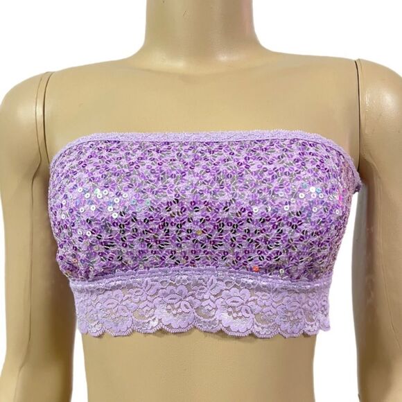Victorias Secret Pink Strapless Bling Sequin Lace Unlined Bandeau Bralette bra - Picture 4 of 5